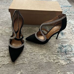 Jessica Simpson Black Pointed-Toe Strap Heels with Rhinestone Trim – Size 9 New